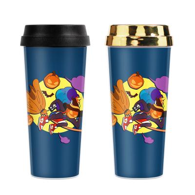 중국 Creative Double Walled Plastic Pumpkin Character Illustration Halloween Gift Boy 16oz Coffee Tumbler Mugs With Lid 판매용