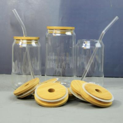 China Modern Hot Sale 400ML Clear And Frosted Glass Beer Can Jar Tumbler With Lid And Bamboo Straw for sale