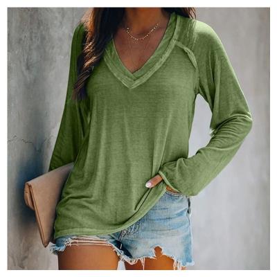 China Skin Friendly Custom Long Sleeve Solid Cotton V-Neck Supplier Amazon Size Plus Casual T-Shirt Blouse for sale