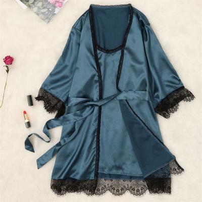 China 2021 New Women's Home Wear 4pcs Sleepwear Lace Trim Satin Floral Pajamas Set With Long Robe Cheap Pajama Sets for sale