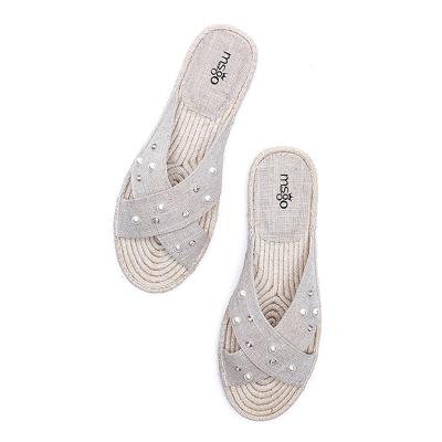 China Around women popular fashion pearl ornaments simple cotton fabric vamp with soft basic slipper sneakers insole flat shoes for sale