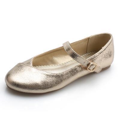 China Best-selling fashion school party popular round toe shiny PU gold girls insole strap buckle soft ballet shoes for sale