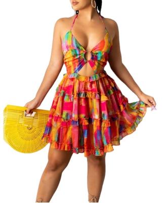 China Anti-static Fast Delivery Women Plus Size Summer Tight Skirt Sexy Colorful Short Colorful Casual Belt Halter Belt Sleeveless Dress for sale