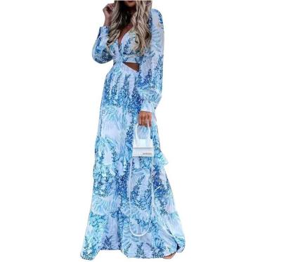 China Women's Deep V-Neck Dress Women Spring Anti-Static Sexy Bohemian Style Long Sleeve Plus Size Print Ruffle Party Maxi Dresses Long Spring for sale