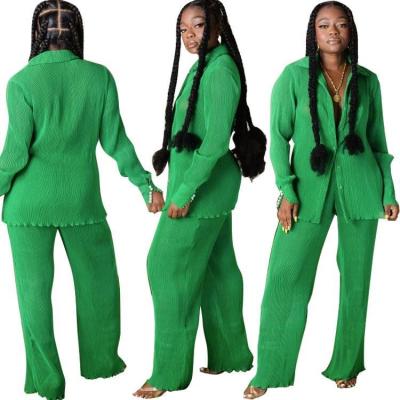 China Wholesale Breathable Solid Color Shirt Women Green Pleated Clothing Sets Adobe Creative Suite Pants Two Piece Set for sale