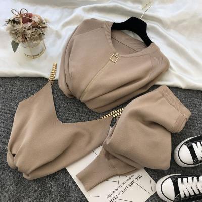 China QUICK DRY winter wear casual halter pants and women knitting sweater tops 3 piece set for sale