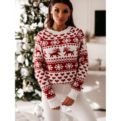 China 2021 Winter Breathable Wholesale Print Plus Size Knit Top Soft Long Sleeve Clothes O Neck Christmas Sweater For Women for sale