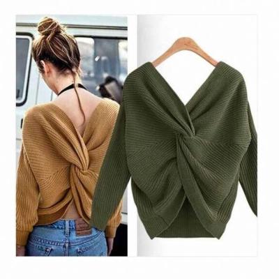 China 2021 New Fashion Autumn Women's Winter Solid Color Backless Sweater Breathable V-Neck Pullover For Women for sale