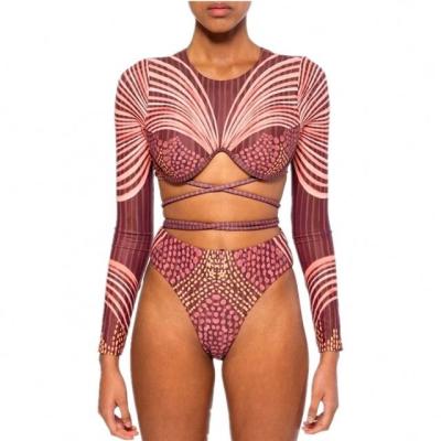 China 2021 New J African print women breathable girdle long high waist stripe summer beach wear bikini set for sale