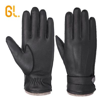 China High quality custom made mens deer skin winter driving leather gloves GL109 real belt and button decoration for sale