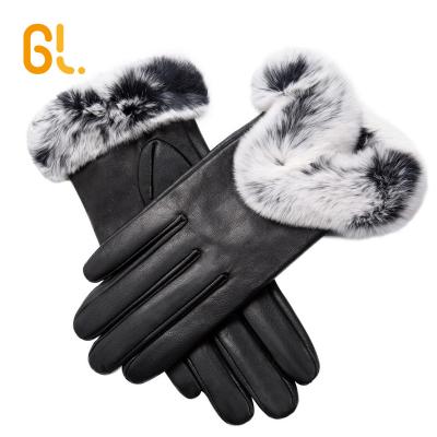 China Rex Rabbit Fur Cuff W1 Luxury Ladies Black Leather Gloves with Rex Rabbit Fur Cuff Fur for Women for sale