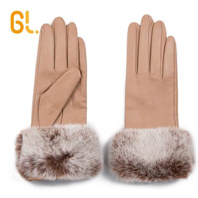 China Girls Real Rabbit Fur GL83 Rabbit Leather Gloves Luxury Custom Made Luxury Fur Cuff For Winter for sale