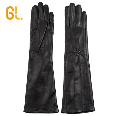 China GL66 Elbow Length Women's Black Goatskin Leather Opera Long Gloves Wholesale for sale