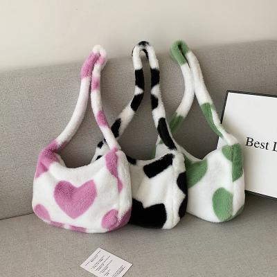 China Motion Sensing Heart Printing Plush Style One Shoulder Western Cross - Cute Totes Green Fur Bag For Body Fashion Armpit for sale