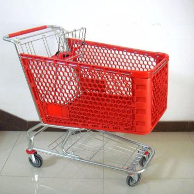 China Unfolding Strong 100L Supermarket Plastic Shopping Cart With Red Plastic Basket for sale