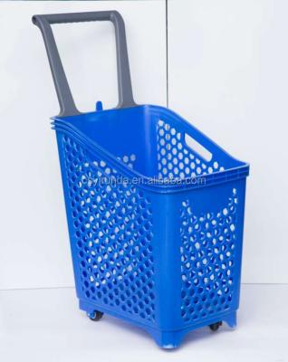 China Colorful Telescopic Handles Hand Carry Plastic Supermarket Rolling Baskets for sale