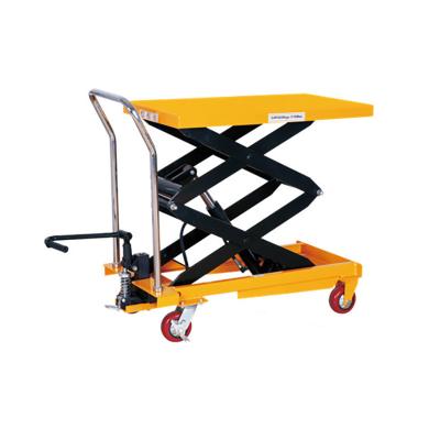 China 150kg 300kg 500kg Mobile Hydraulic Scissor Lift Table Hydraulic Mobile Manual Truck Folded Lifting Platform for sale