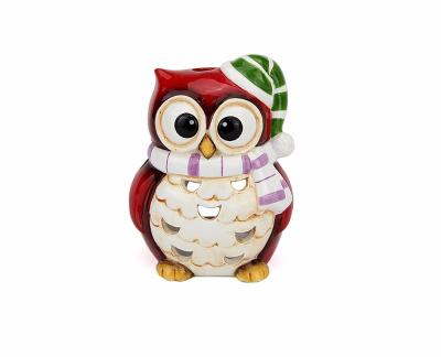 China Adorable Ceramic Christmas Owl Tea Light Candle Holder Ornament Figurine for sale