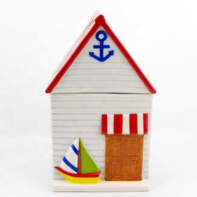 China Sustainable Ceramic Seaside House Wooden Cookie Jar For Kid for sale