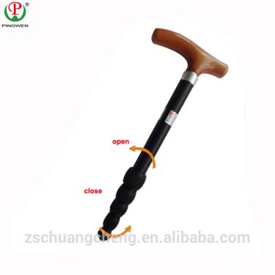 China Home Use Hospital Outdoor Aluminum Adjustable Walking Cane With Wooden Handle For The Elderly for sale