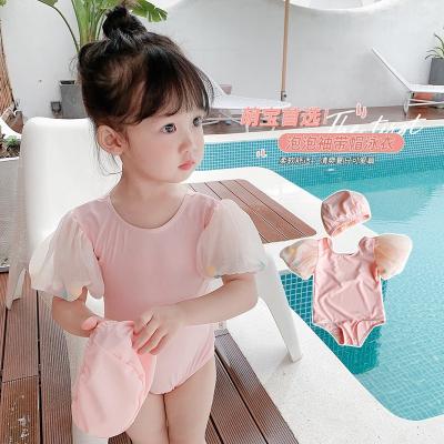 China QUICK DRY Rope Back Strap Baby One Piece Pink With Hood Swimsuit Kids Short Sleeves Blow Out Swimsuit For Infant Hot Spring Beach Wear for sale