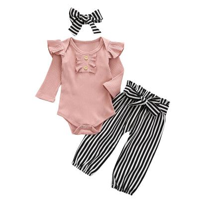 China Autumn and winter new products long sleeve pink striped ruffle children's breathable floral striped pants suit for sale