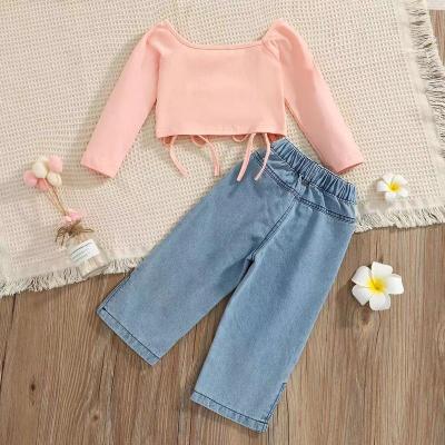 China A set of breathable autumn off shoulder blouse girls boutique clothing and jeans pants private label child for sale