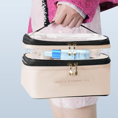 China Portable/Durable Double Layered Makeup Bag PU Transparent Toiletries Bag Portable Waterproof Travel Portable Large Capacity Storage Bag for sale