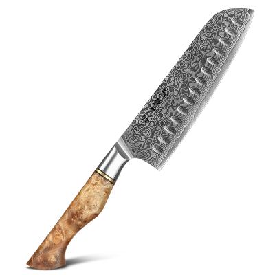 China 67 Viable Layers Damascus Steel Professional Kitchen Chef Santoku Knife With Sycamore Figure Handle for sale