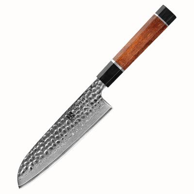 China Viable Professional Chef's Kitchen Santoku Cutting Knife 67 Layers Damascus Steel With Wooden Dessert Iron Handle Carbon Steel for sale