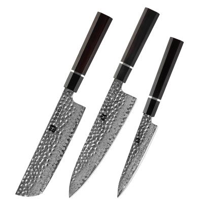 China Sustainable Vg10 Kitchen Knife Set For 3 Pcs Japanese Knife Set Made By Custom Handmade Damascus Knife Set Three Piece Packing 60±2 HRC for sale