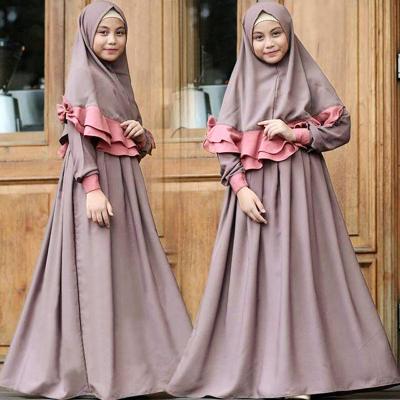 China Casual for wholesales 3-7 years old 3-7 years old girl color blocking long sleeve girl dress + turban muslim kids clothing for sale