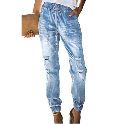 China China Manufacturer QUICK DRY Elastic Waist Jeans Light Blue Ripped Jogger Jeans Women for sale