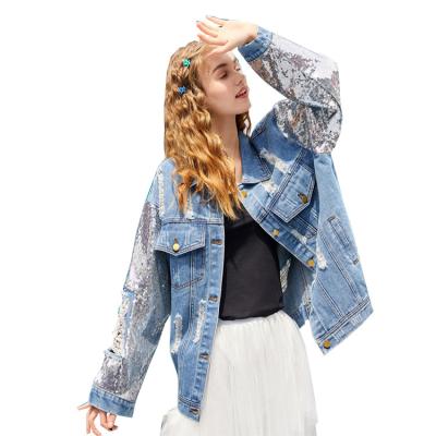 China 2020 Spring New Vintage Breathable Blue Women Ripped Denim Coat Ladies Sequins Denim Lattice Jacket for sale