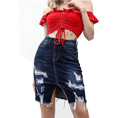 China Dark Washed Madame Frayed Hem Ripped Shorts Factory Price Plus Size Women Denim Pencil Skirt for sale