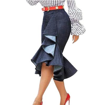 China Custom made slim ruffles pleated lattice skirt package hip sexy denim skirts plus size women factory fashion high waisted for sale