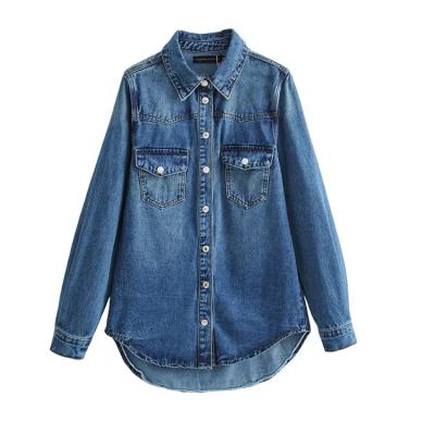 China Factory Custom Breathable Blue Color Denim Design Cargo Denim Friend Shirts Women Jeans Top Blouse With Pockets for sale