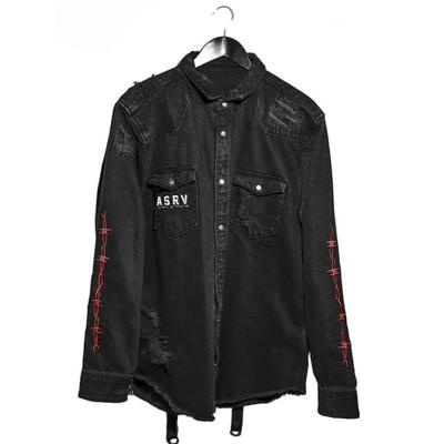 China 2020 Breathable New Fashion Wholesale Washed Embroidery Denim Jacket Printed Lattice Jacket Black Ripped Men for sale