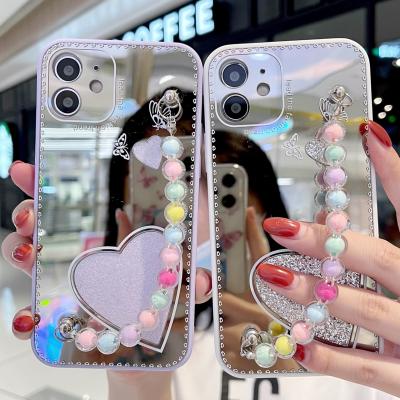 China Shockproof Makeup Mirror Phone Case For Iphone 12 11Pro Max Xsmax 8Plus Heart Phone Cover With Chain for sale