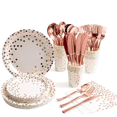 China Fashional New Product 7 Inch 9 Inch Disposable Tableware Set Rose Gold Wave Dot Paper Dish Party Decoration Bronzing Paper Plate for sale