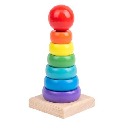 China Hot Selling Eco-friendly Material Stacking Rings Toy Wooden Rainbow Stacking Toddler Learning Toys For Baby for sale