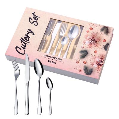 China Wholesale Luxury Viable Christmas Wedding Party Stainless Steel Flatware Set With Gift Box Silver 24 Piece Flatware Sets for sale