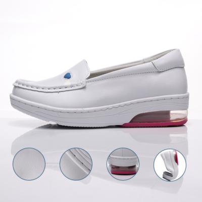 China Anti-Slip Slip On Nurse Shoes Hospital White Cow Leather Fashion Nursing Shoe Wedge Loafer for sale