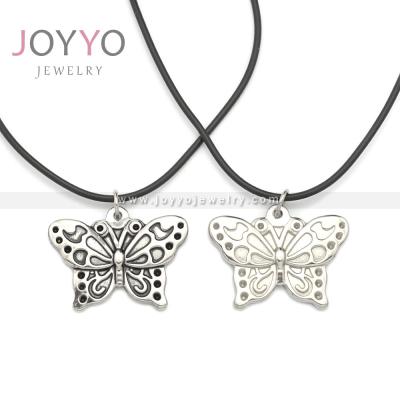 China Vintage Rubber Necklace With Butterfly Jewelry Stainless Steel Butterfly Necklace Pendant for sale