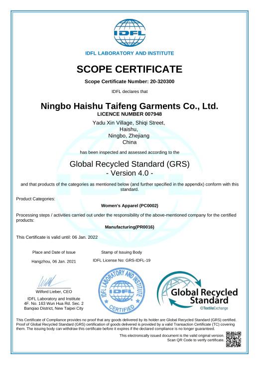 GRS - Ningbo Haishu Taifeng Garments Co., Ltd.