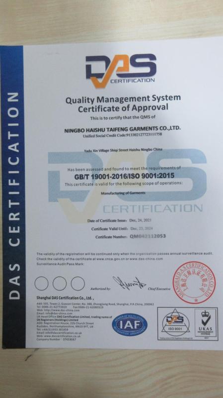 ISO9001 - Ningbo Haishu Taifeng Garments Co., Ltd.