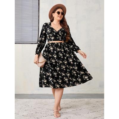 China High Waist Casual Matching Breathable Midi Floral Plus Size Women Skirt And Crop Top Elegant 2 Piece Sets for sale