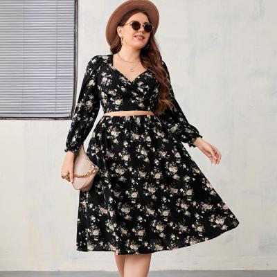 China Breathable Floral Casual Waist Crop Matching Top Skirt Plus A Line Two Piece Set Women Clothing for sale