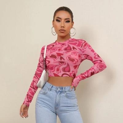 China Breathable Sexy Fancy Ladies Knitted Crop Tops Mesh Blouse Shirts Pink Vest Women Casual Long Sleeve Tunics for sale