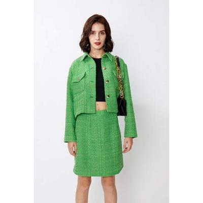 China Breathable Stylish Single Breasted Cropped Jacket Skirt Woman Matching Two Piece Tweed Set Fashionable for sale